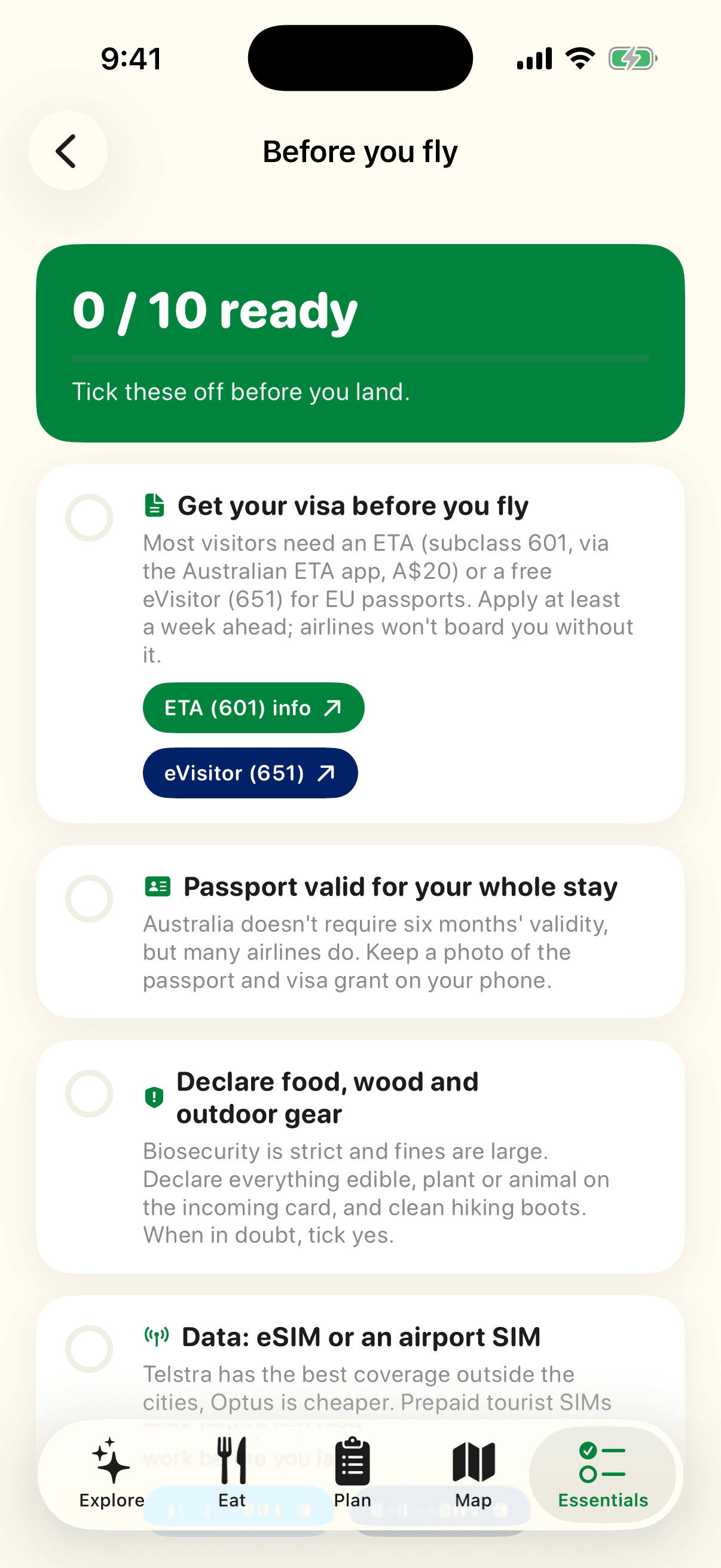 Before you fly screen of the VisitAustralia app