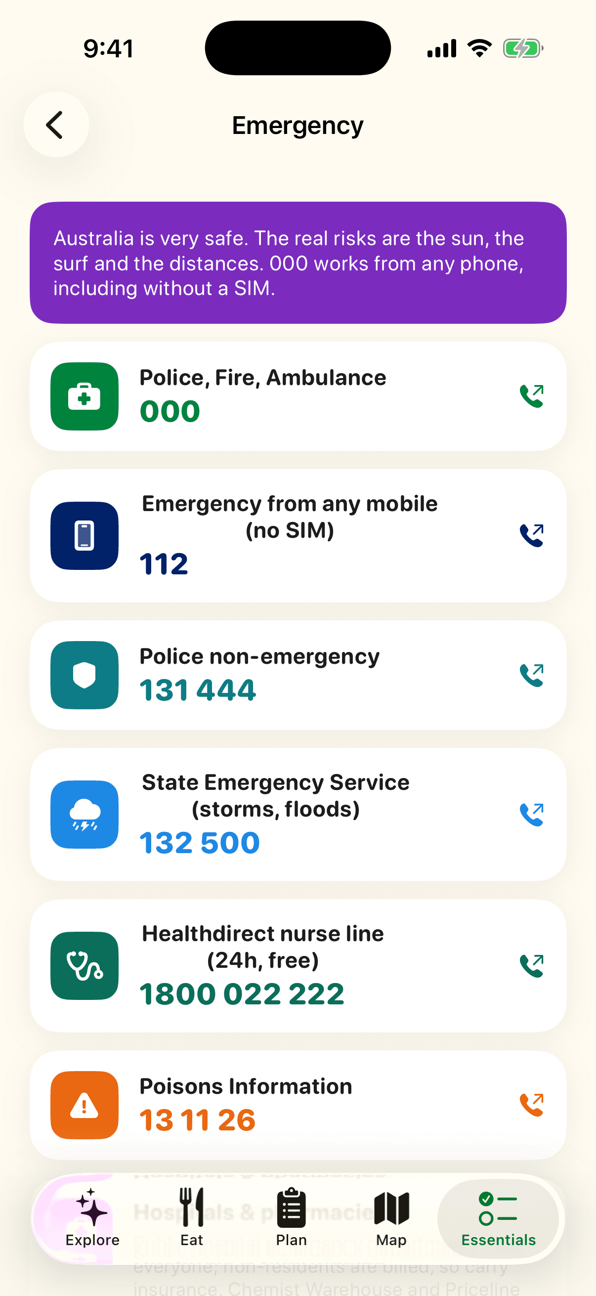 Emergency numbers screen of the VisitAustralia app