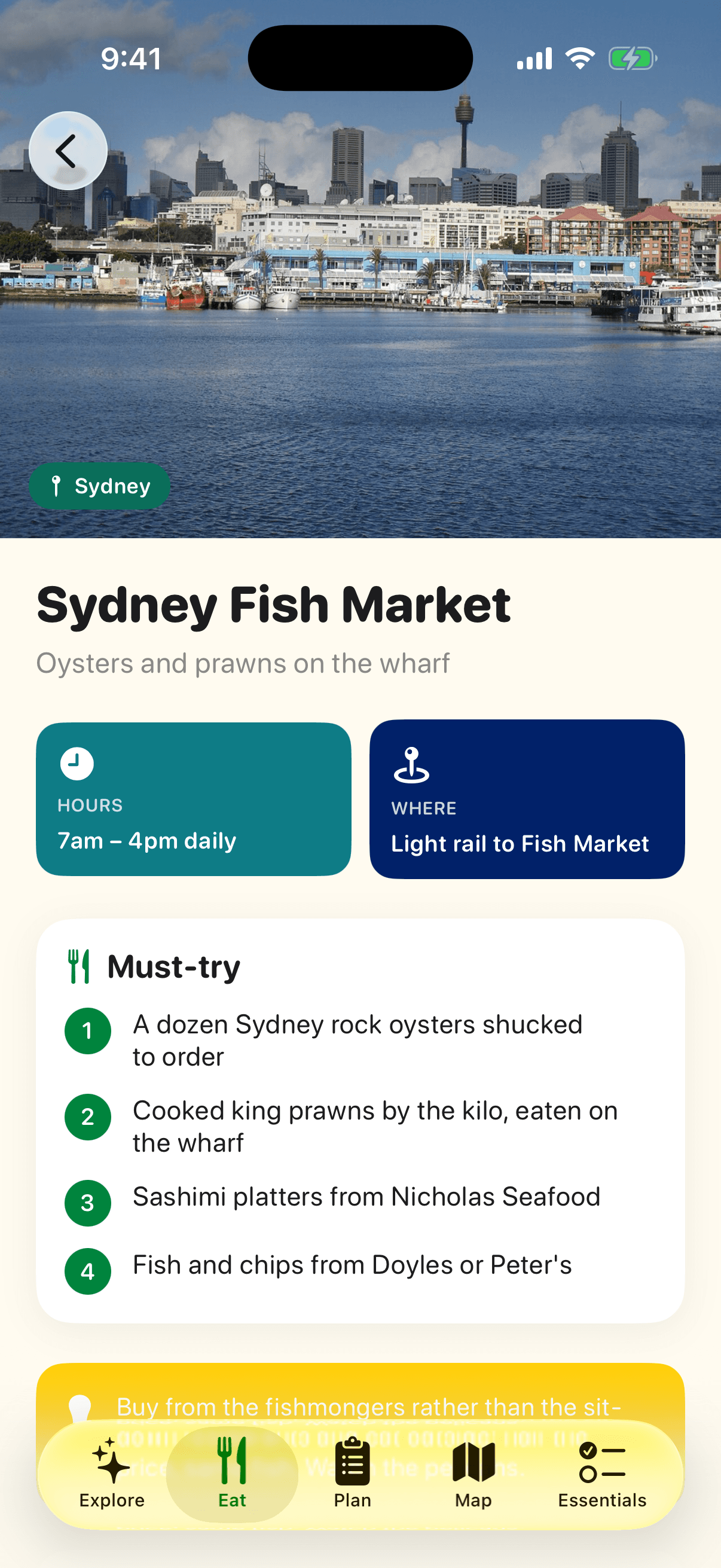 Market guide screen of the VisitAustralia app
