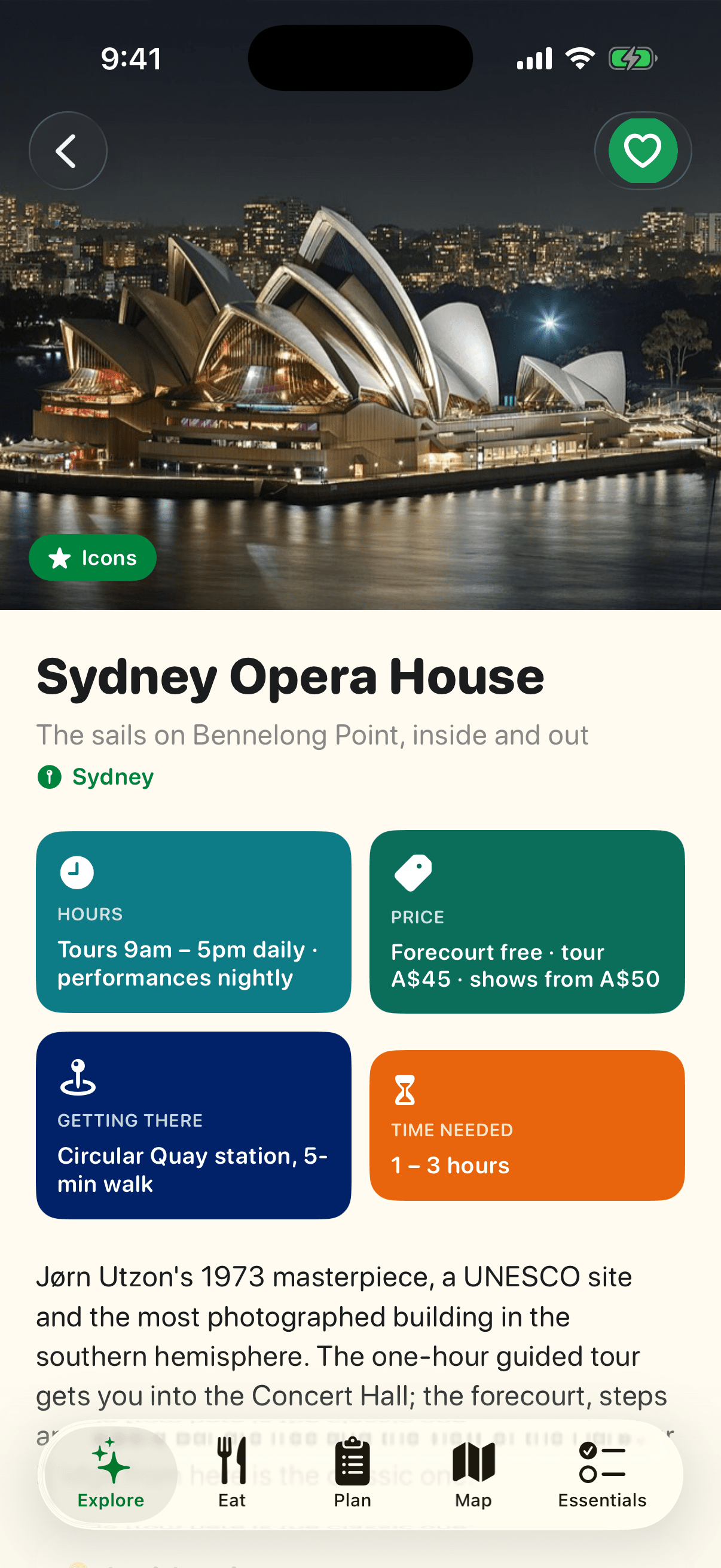 Place pages screen of the VisitAustralia app
