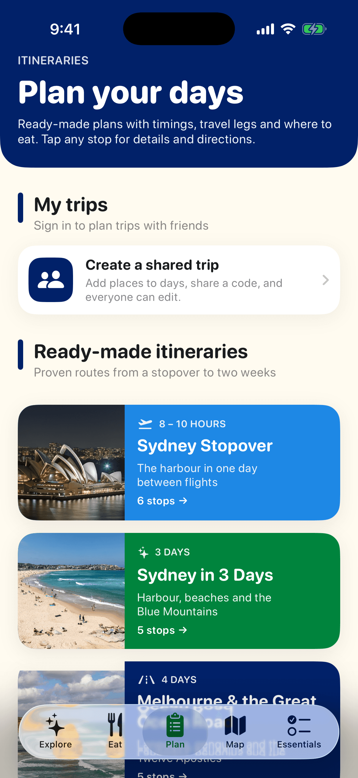 Plan screen of the VisitAustralia app