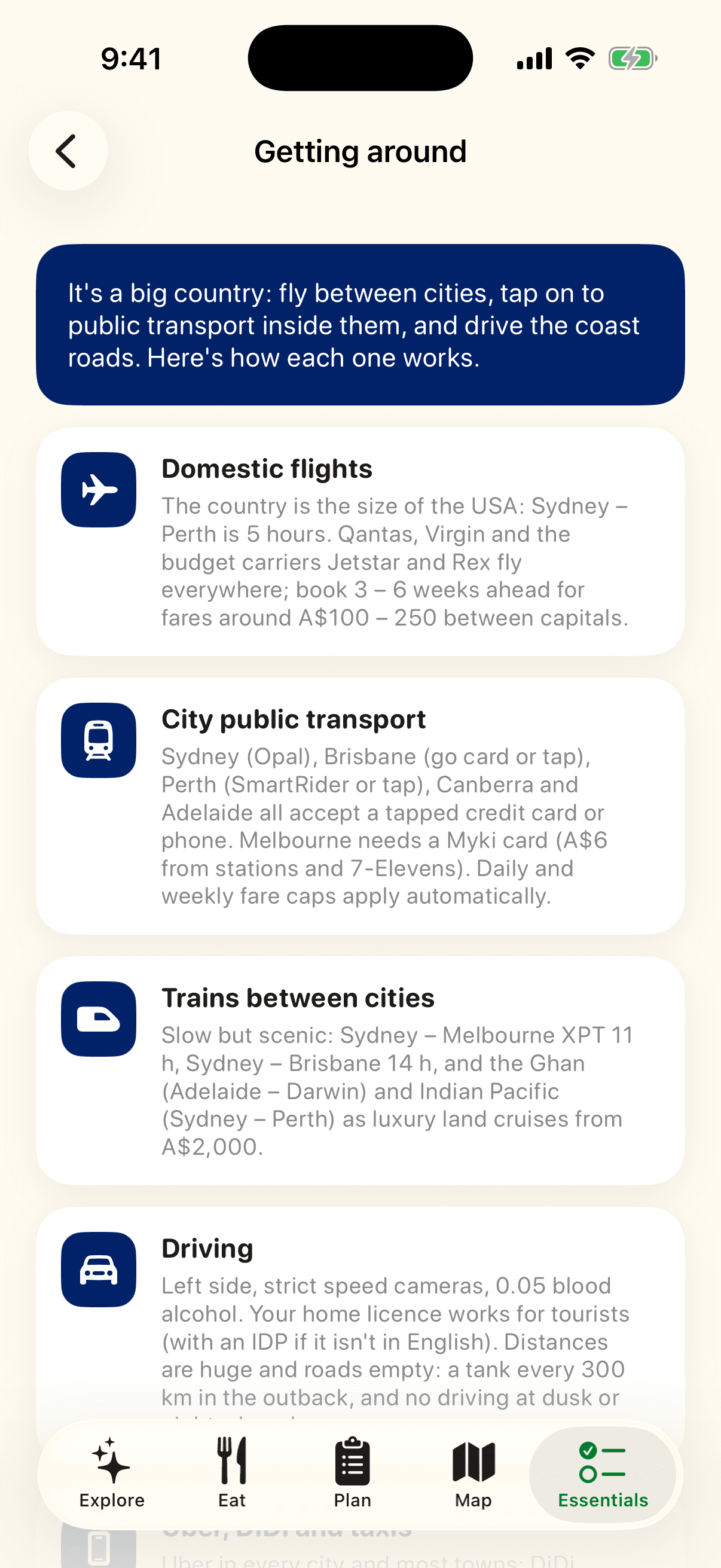 Getting around screen of the VisitAustralia app